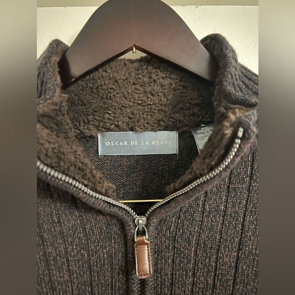 Oscar DeLa Renta 1/4Zip Dark Brown Mock Neck Ribbed Sherpa Lined Neck Sweater XL - Picture 14 of 16